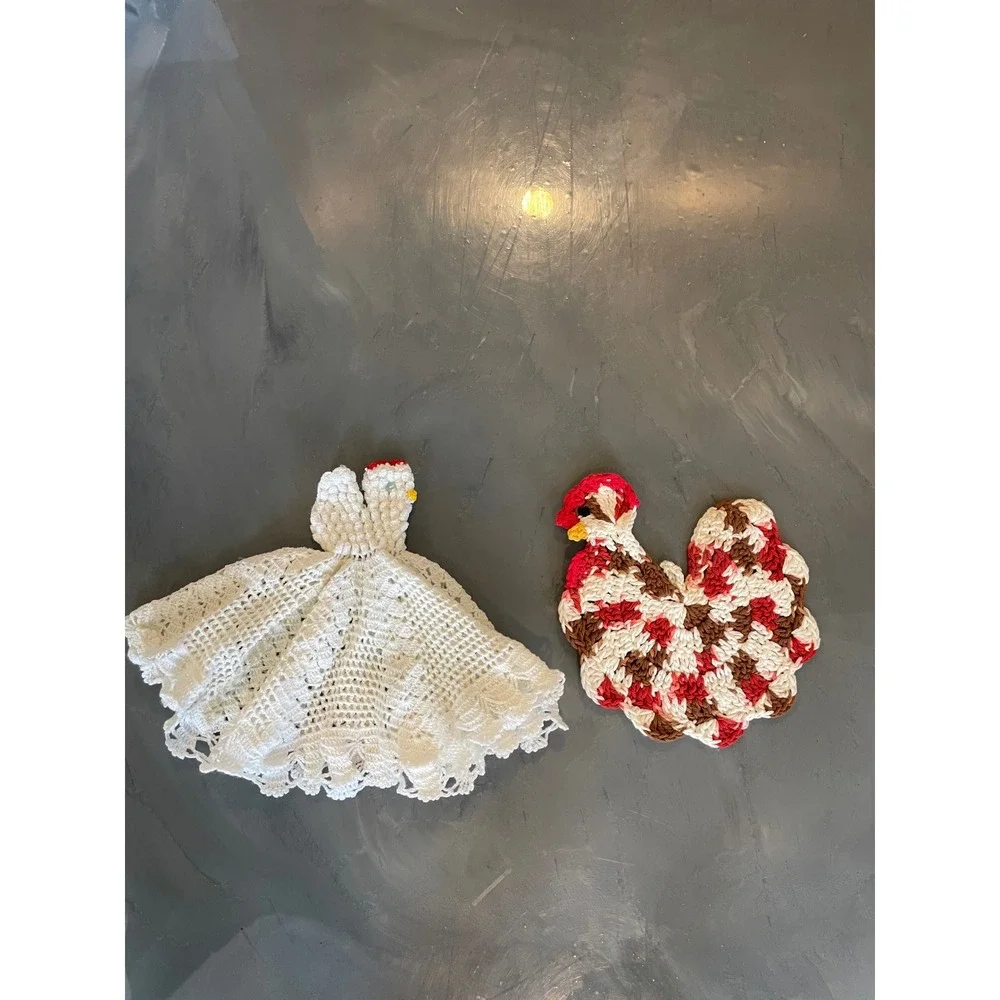 VTG Handmade Crochet Chicken Doily Toaster Cover Rooster Potholder Set Farmhouse